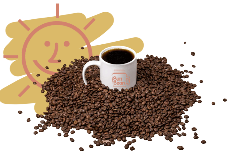 Coffee beans spilled out with a mug sitting on top. An animated sun spins in the background.